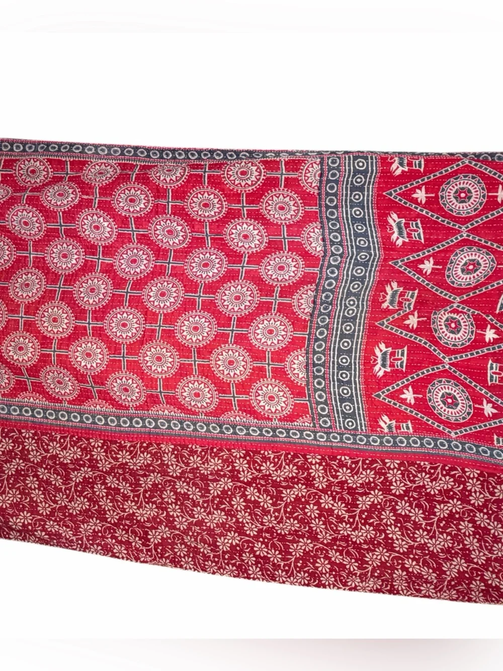 Vintage Handmade Printed Kantha Quilt India Sari Throw Blanket Twin 52x80